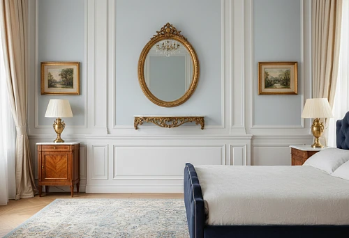 Classic bedroom with high white baseboard and boiserie panels, oval mirror in gilded frame and symmetrical nightstands with lamps