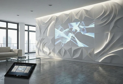 3D Wall Finishing with Volumetric Panels Featuring Backlighting and a Built-in Screen in a Modern Interior