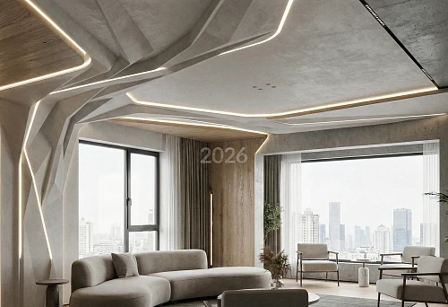 Modern Living Room 2026 with Dynamic Ceiling Molding, Integrated Lighting, and Geometric Panels