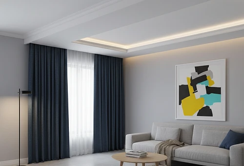 Modern living room with MDF ceiling cornice, emphasizing the transition between wall and ceiling and creating a harmonious interior