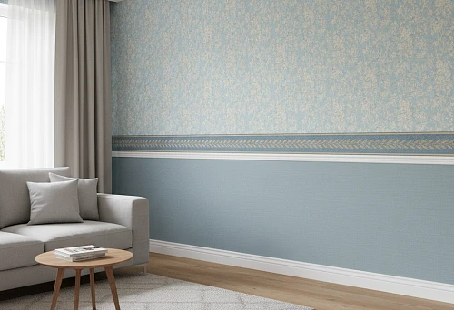 Living room interior with a wallpaper border dividing the wall into two zones and giving the room an elegant style