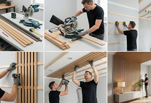 DIY slatted panels: preparing slats, tools, and cutting on a workbench before installation