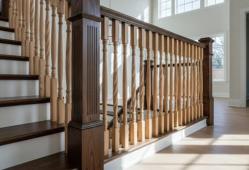 Staircase with light oak wooden balusters and massive dark posts, designed in a classic style with natural lighting