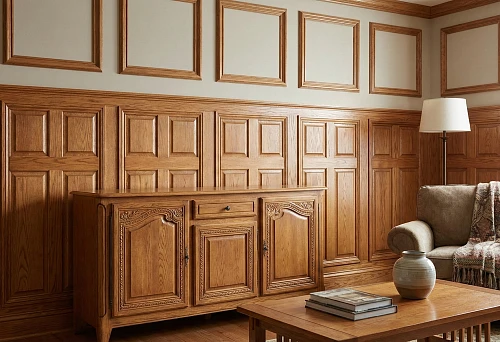 Wooden molding for furniture and wall panels: textured finish for a study with a solid wood sideboard