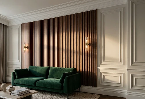 Slat wall panels and polyurethane moldings on the wall in the interior of a bright living room