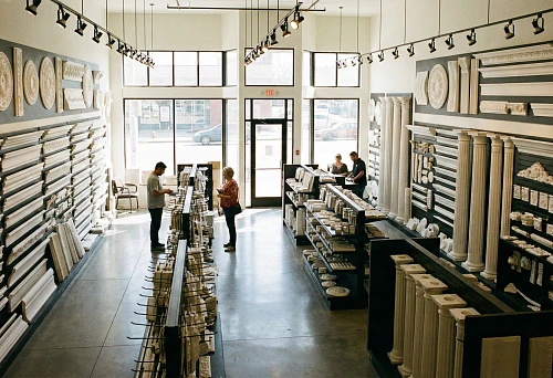 A store of finishing materials with a wide selection of moldings, cornices, columns, and decorative elements.