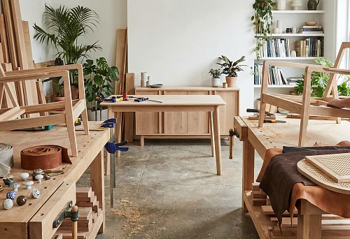Carpentry workshop: assembling furniture frames from solid wood on workbenches, clamps, tools, and wooden blanks