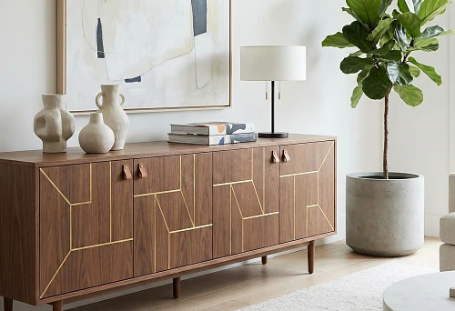 Furniture decoration with decor: modern wooden chest of drawers with geometric inserts and thin lines on the facades