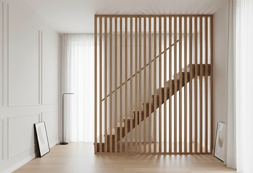 Minimalist Interior with Flat Wooden Balusters and Concise Polyurethane Wall Decor