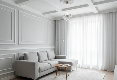 Designer furniture for a small apartment with stucco on walls and ceiling that visually expands the space