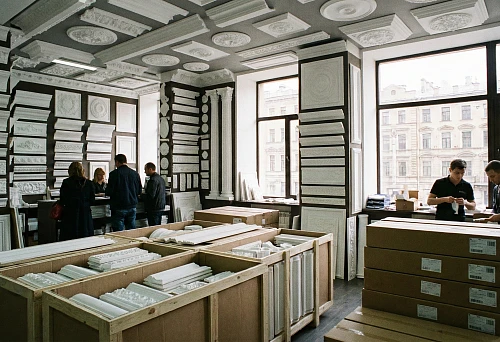 Online stucco store: showroom with displays of cornices, moldings and ceiling rosettes