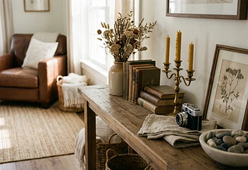 Small details in the living room interior &mdash; vintage books, candles and ceramics on a wooden surface, warm daylight and a calm palette