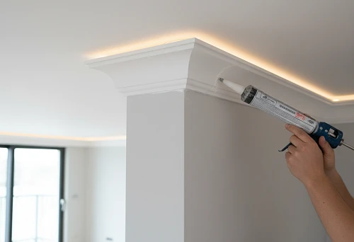 Installing White Polystyrene Ceiling Skirting with a Glue Gun in a Modern Interior
