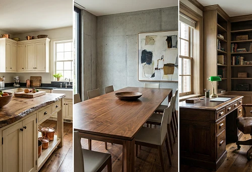 Wooden tabletops: kitchen island with massive tabletop and classic facades