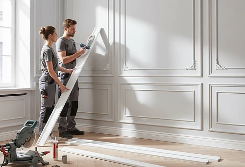 Craftsmen install polyurethane moldings on a wall in a light interior, demonstrating the installation process and neat finishing of decorative panels.