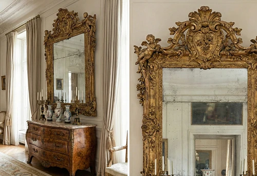 Large Mirror in a Carved Gilded Frame in a Classic Interior Above a Dresser