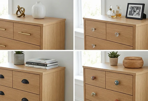 Wooden chest of drawers with brass bracket furniture handles, minimalist interior decor and warm metal