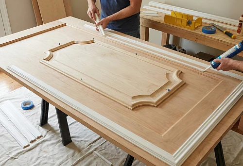 Door moldings for interior door leaf decor &mdash; forming classic geometry by hand