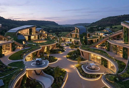 futuristic residential complex with green roofs and lighting