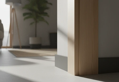 Light solid oak floor skirting in a modern interior, demonstrating cutting precision, surface straightness, and neat wall abutment