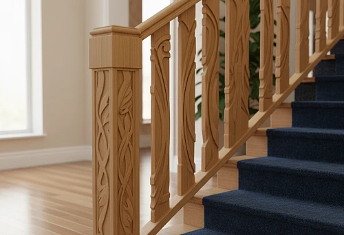 Wooden Posts and Carved Balusters Along a Carpeted Staircase in a Classic Interior