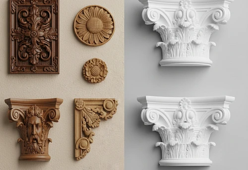 Furniture decorative elements &mdash; carved and molded details made of wood and polyurethane