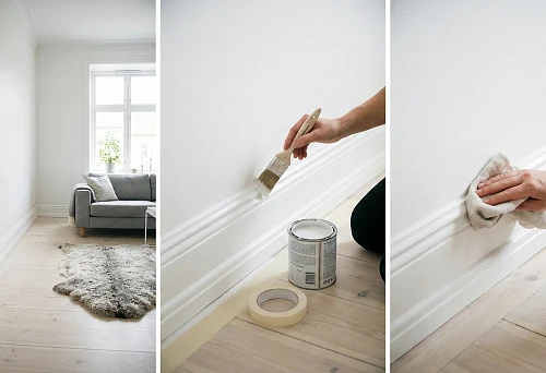 White wooden baseboard in a light Scandinavian interior: high profile along the wall and wooden floor