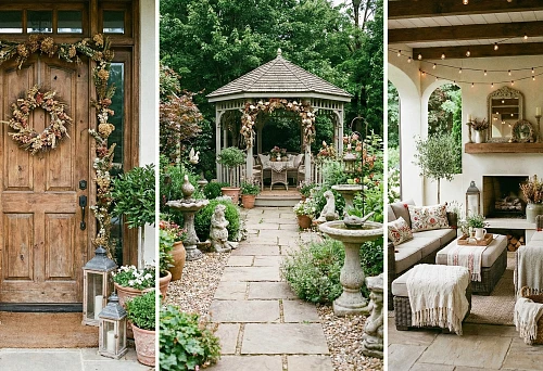 Entryway decor &mdash; a wooden door with a seasonal wreath and pine garland, lanterns and planters by the doorstep