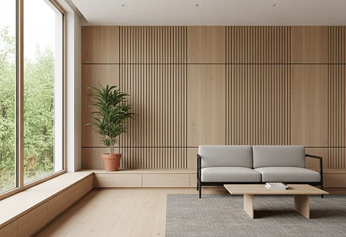 Modern interior with a large wall of light wooden battens and panels, baseboards in a unified tone, and minimalist furniture.