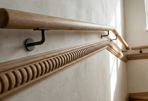 Round wooden handrail on metal brackets along the stair wall