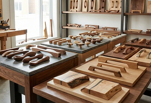 Furniture handles and solid wood handles: designer samples on tables in the workshop