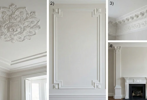 Ceiling rosette made of polyurethane with floral ornament and cornices in a classic interior