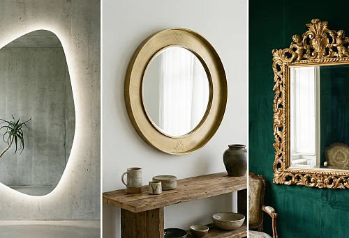 Minimalist irregular-shaped mirror with contour lighting on a concrete wall, trend 2026