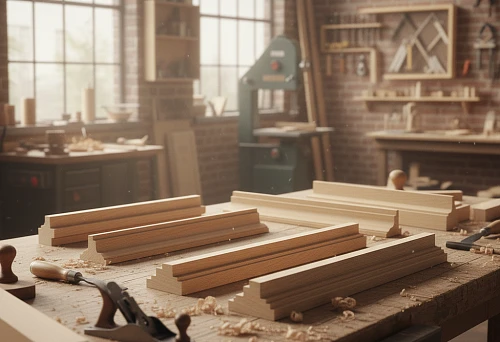 Wooden moldings on the workbench in the workshop