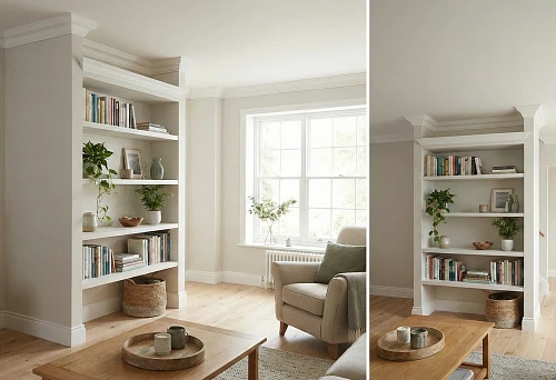 MDF cornice for painting on built-in shelving: neat finish of furniture niche