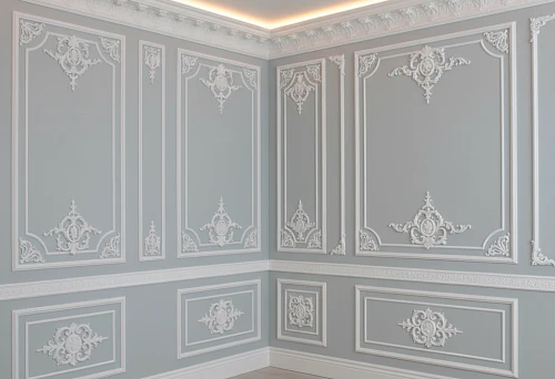 Classic interior with polystyrene baseboard, cornice, and molding as a unified architectural system for wall and ceiling design