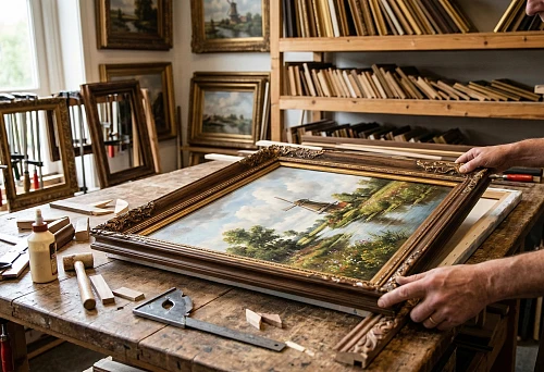 Wooden picture frame molding in workshop: craftsman fitting frame to canvas on workbench
