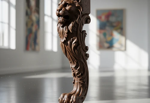 Carved dark wood furniture leg in the shape of a lion's paw with decorative elements and artistic detailing