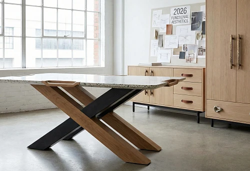 Designer Table with Wood and Metal Undercarriage in a Modern Interior