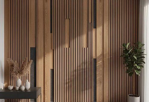 Decorative wooden slat on the wall in interior, modern design from solid oak