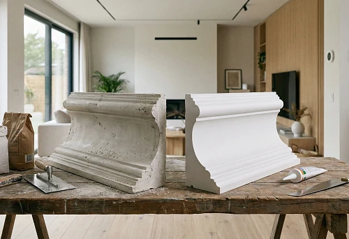 Polyurethane stucco vs gypsum: comparison of two large profiles on a table in a modern interior, showing the difference in texture and clarity of form