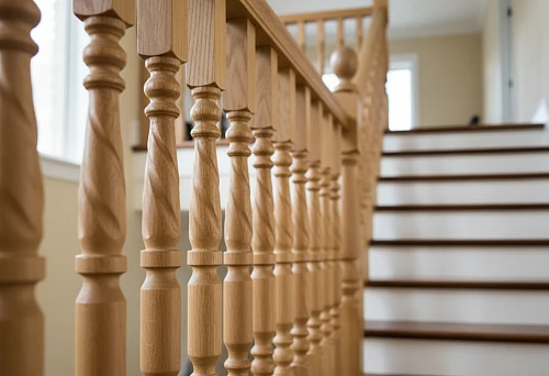 Turned Wooden Balusters from Beech with Twisted Pattern and Smooth Finish on a Staircase with Dark Steps