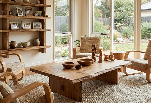 Wooden Products in Interior Design 2026 &mdash; Eco-Style Living Room with a Massive Wooden Slab Table, Open Shelves Made of Natural Wood