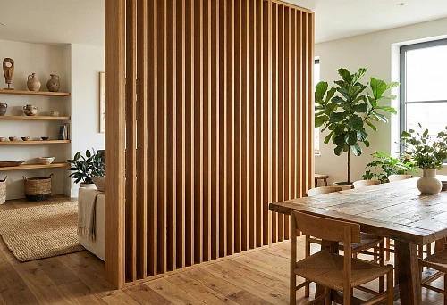 Wooden slatted partition in apartment interior: eco-friendly zoning of the living room and dining room using natural wooden products.