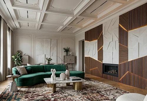Spacious living room with slat panels on the accent wall and stucco decor in a classic modern interior