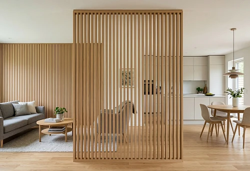 Slat partition and slat panels in a light interior for zoning the living room and kitchen without solid walls