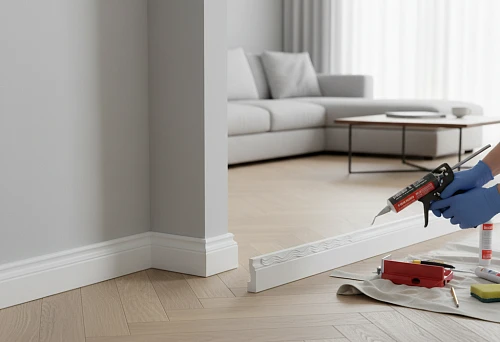 Installation of white polystyrene skirting board in modern interior with parquet flooring