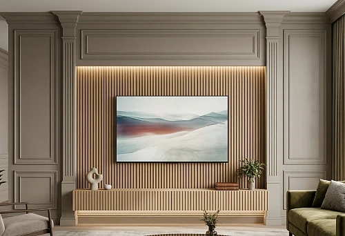 Slat panel under TV and polyurethane moldings in an elegant living room with an architectural TV zone