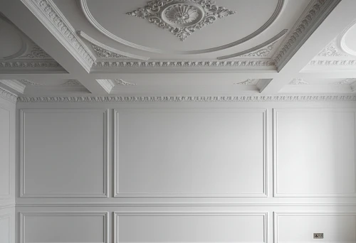 Ceiling with polyurethane molding &ndash; chiaroscuro relief, cornices and rosettes with clean lines in a classic interior