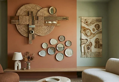 Wall decor 2026 &mdash; composition of ceramic plates on a terracotta wall, soft natural shades and calm geometry